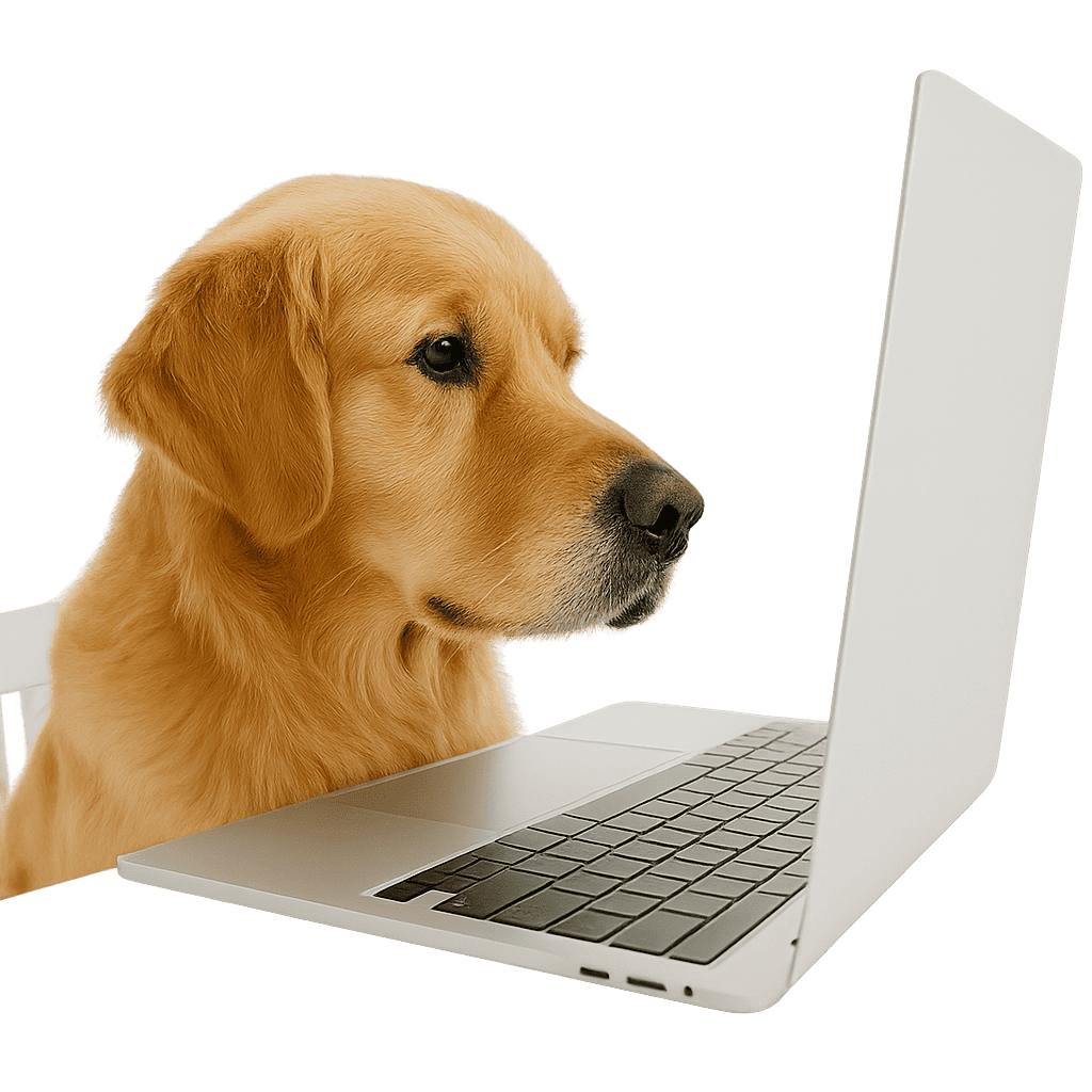 A realistic Golden Retriever sits at a white desk, intently studying the screen of a silver laptop. The image has a transparent background, emphasizing the dog’s focused expression and the clean, modern design of the laptop.