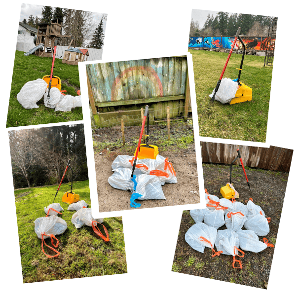 Dog poop cleanup tools and multiple full waste bags displayed in various residential and park settings across Kitsap County, WA. Images show clean yards, playgrounds, and grassy areas after professional pet waste removal service.
